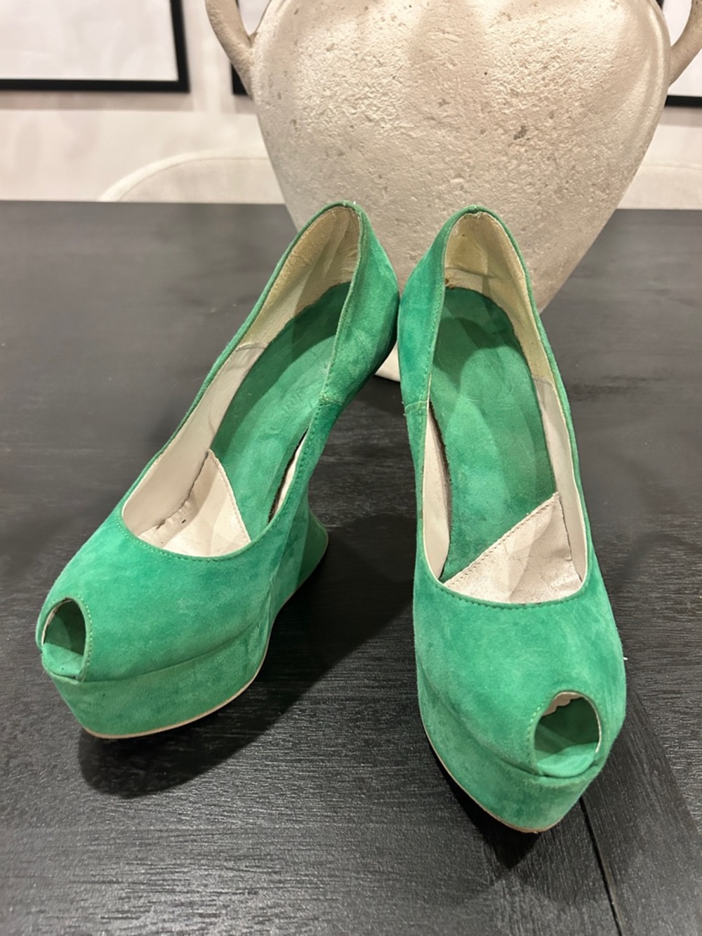 Green Suede Peep-Toe Platform Pumps